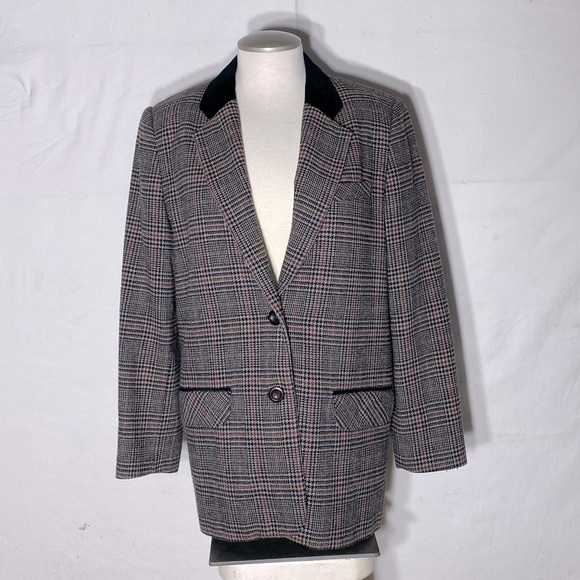Evidence Black Beige Red Houndstooth Blazer with Black Velvet Collar 8 - Picture 2 of 13